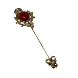 Vintage Stick Pin Gold Tone Large Red Glass Stone Faux Pearls Art Deco Style